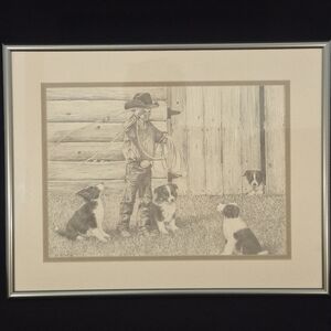 Signed / Framed Cowboy and Puppies Art